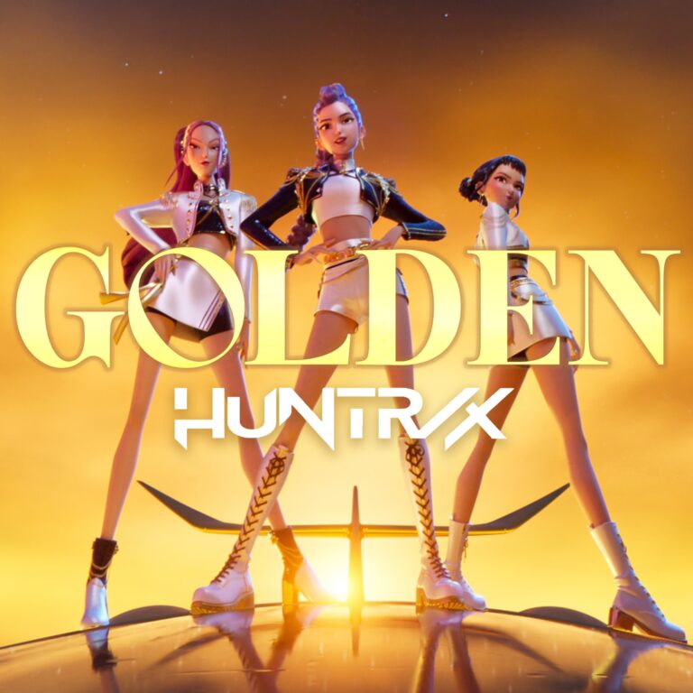 Rumi, Mira y Zoey de HUNTR/X con estética Golden