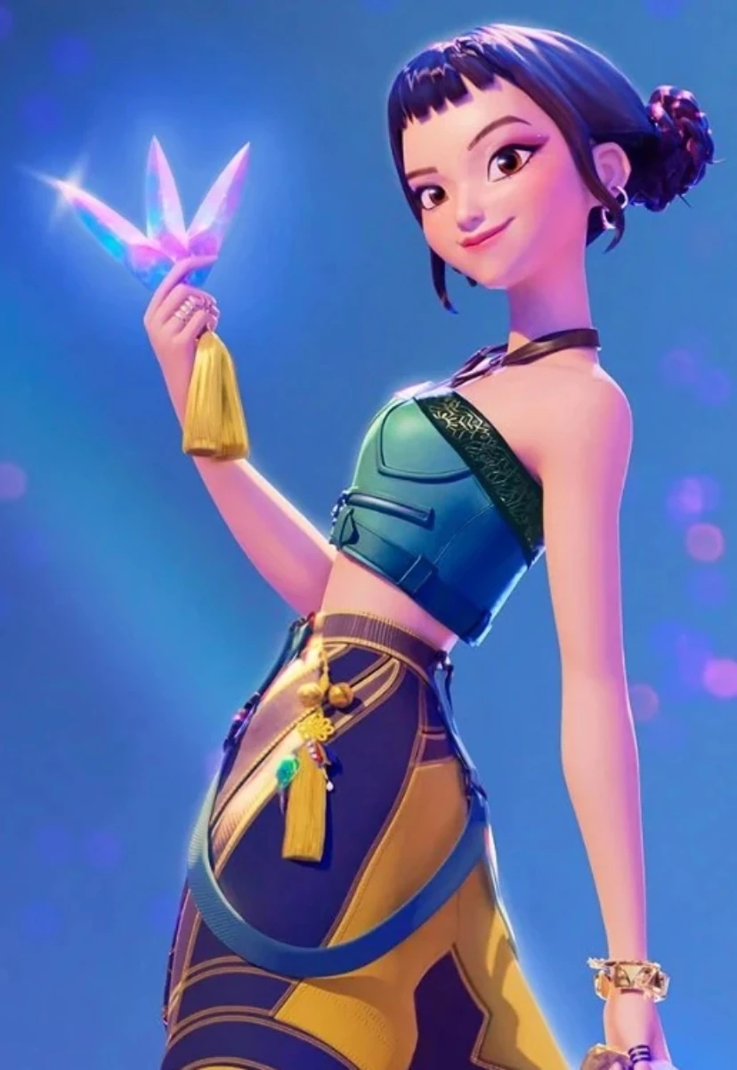 Zoey de K-Pop Demon Hunters con dagas brillantes